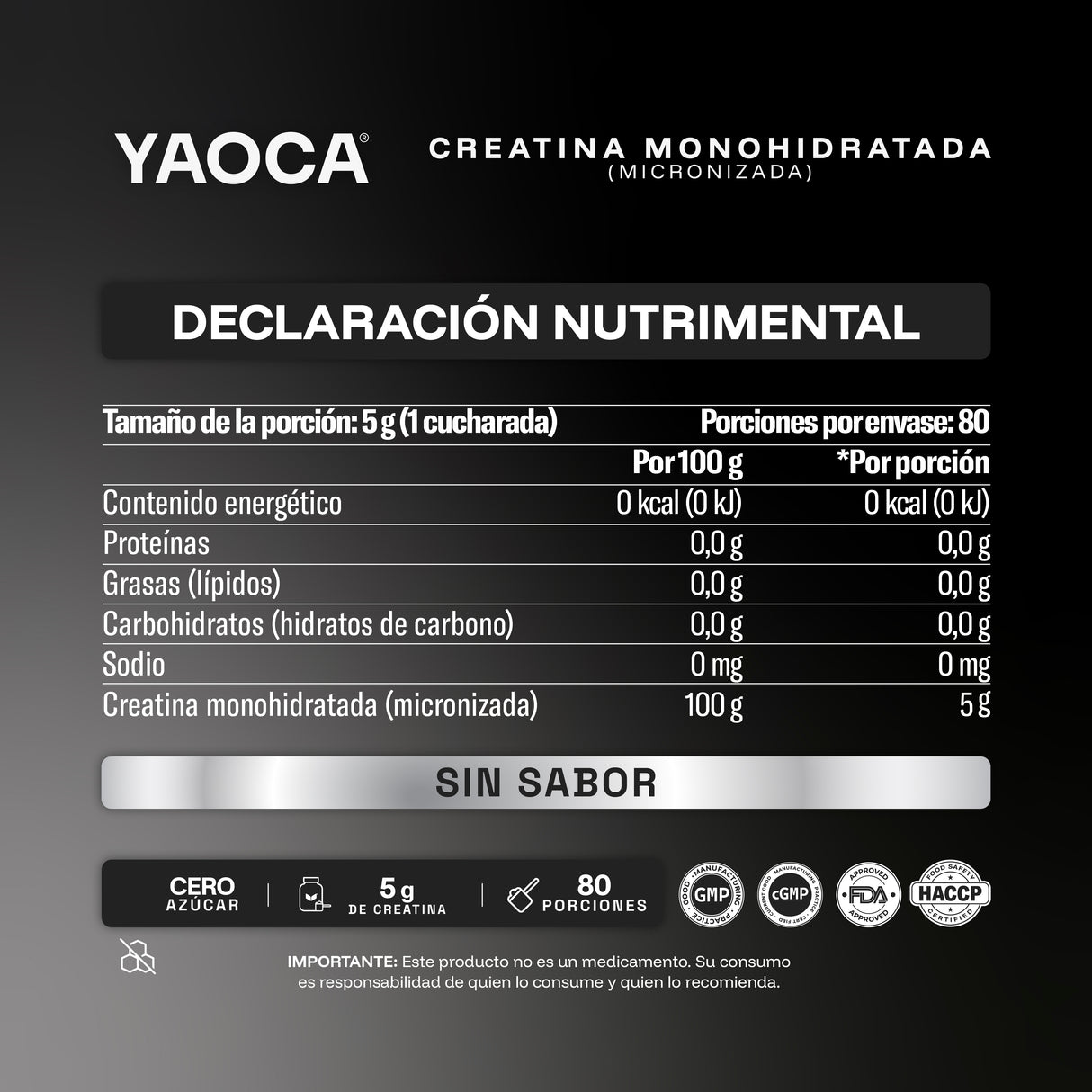 Creatina Monohidratada Micronizada Yaoca 400 g – 5 g por porción, rendimiento y potencia