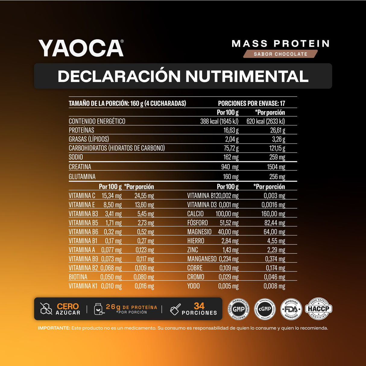 Proteína Mass Yaoca Sabor Chocolate – 26g de proteína con creatina, magnesio y vitaminas para mayor energía y recuperación (34 porciones)