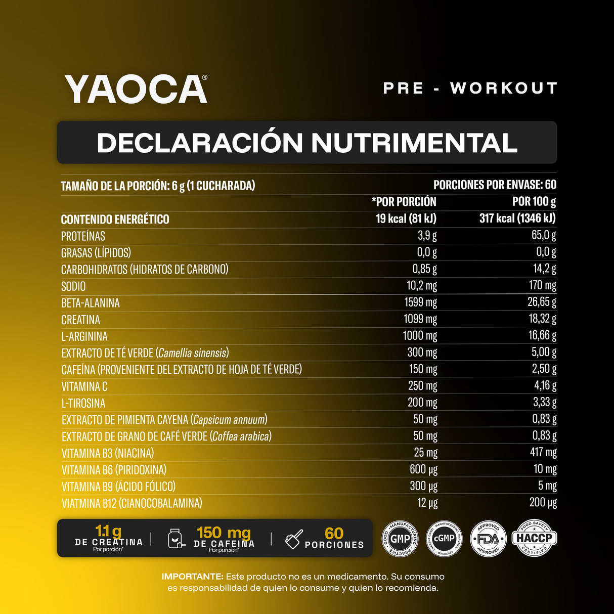 Pre-Workout Yaoca – Favorece tu Rendimiento con Beta-Alanina, Creatina y Vitaminas (60 porciones)