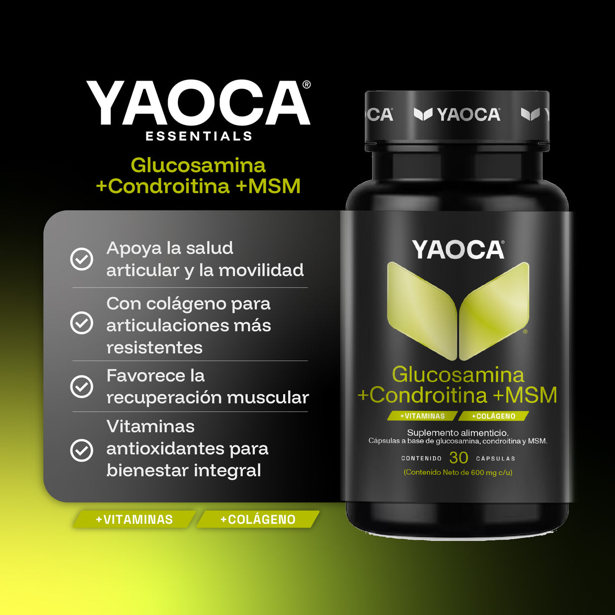 Glucosamina + Condroitina + MSM 30 Cáps , Dosis diaria, Soporte articular y movilidad con colágeno y vitaminas