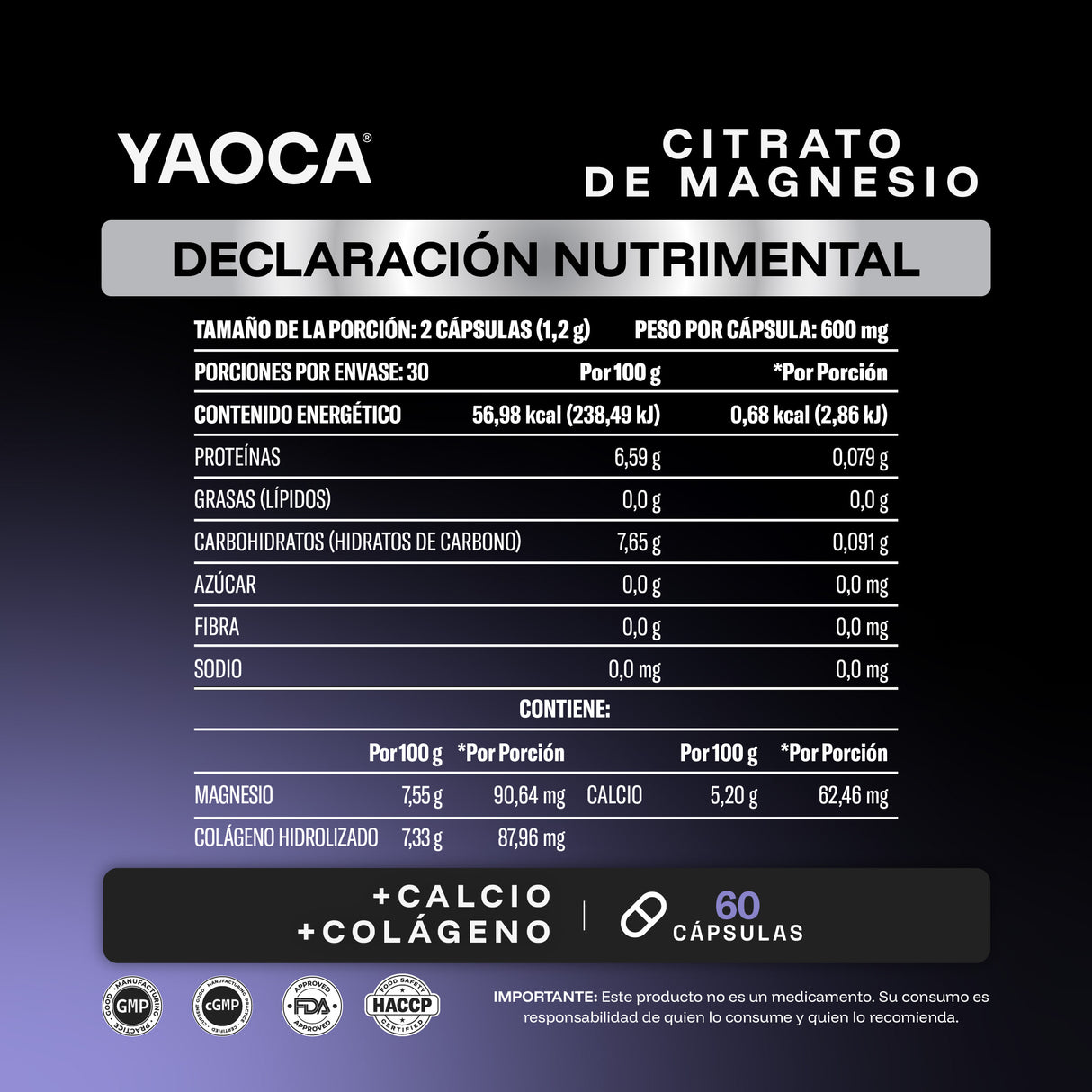 Citrato de Magnesio con Calcio y Colágeno Yaoca, 60 Cáps, Apoyo diario para músculos y huesos