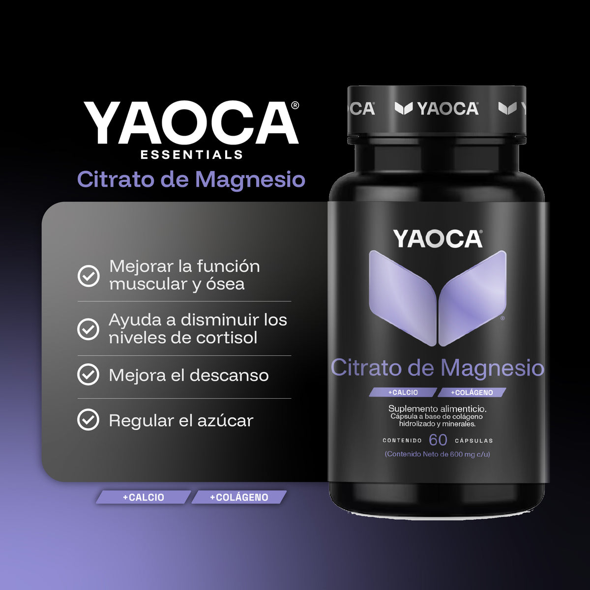 Citrato de Magnesio con Calcio y Colágeno Yaoca, 60 Cáps, Apoyo diario para músculos y huesos
