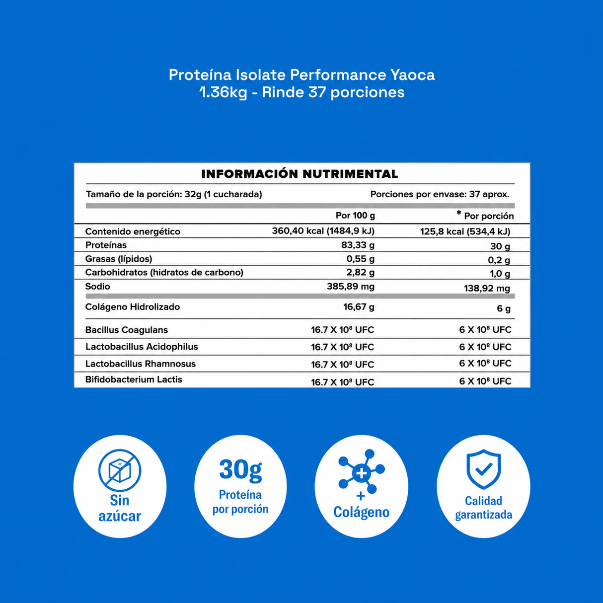 Proteína Isolate Performance , 3 lb , 30g de proteína con colágeno y probióticos + Creatina 1kg de regalo