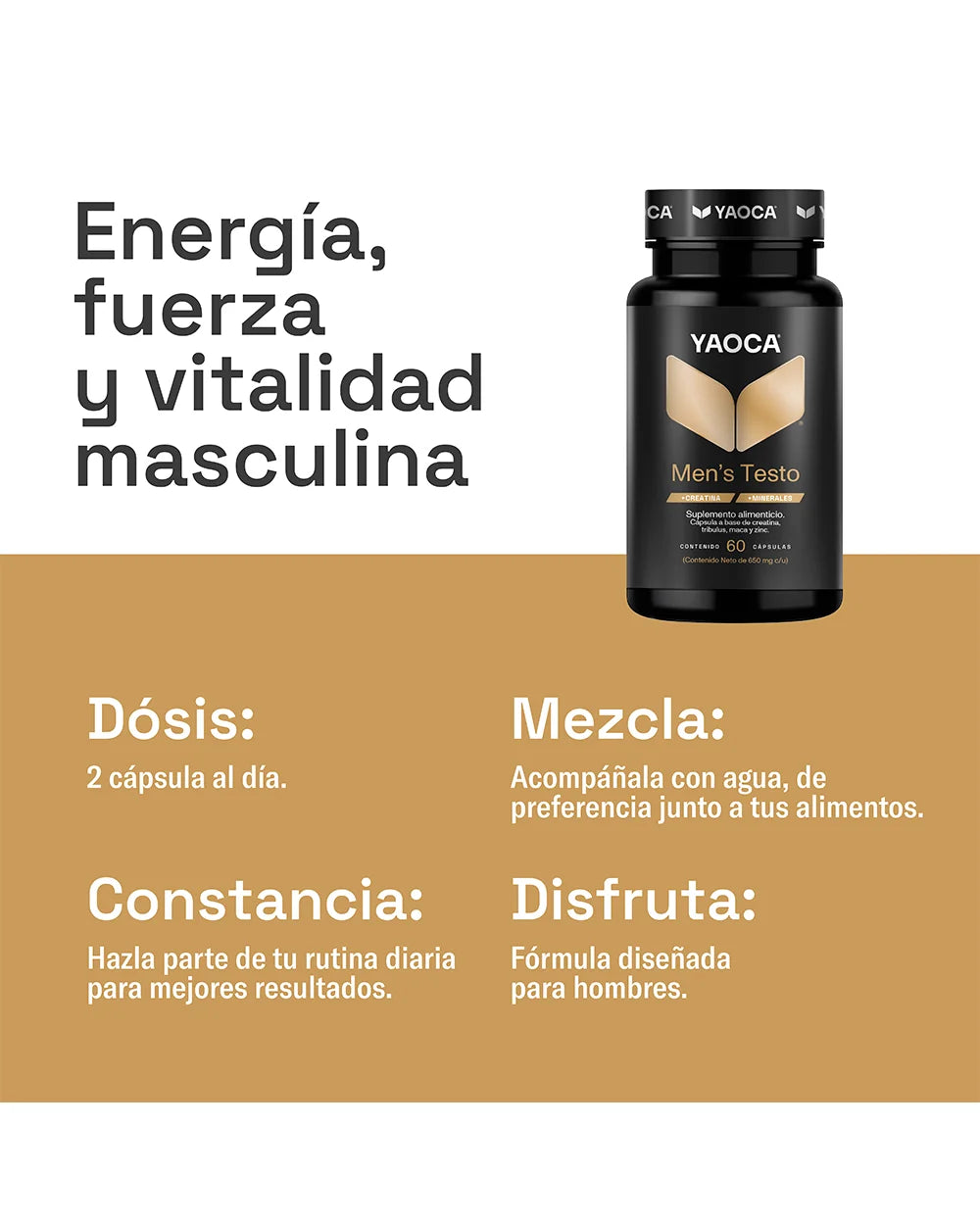 Men’s Testo Yaoca – Fuerza y energía, con creatina, tribulus y zinc (60 cápsulas)