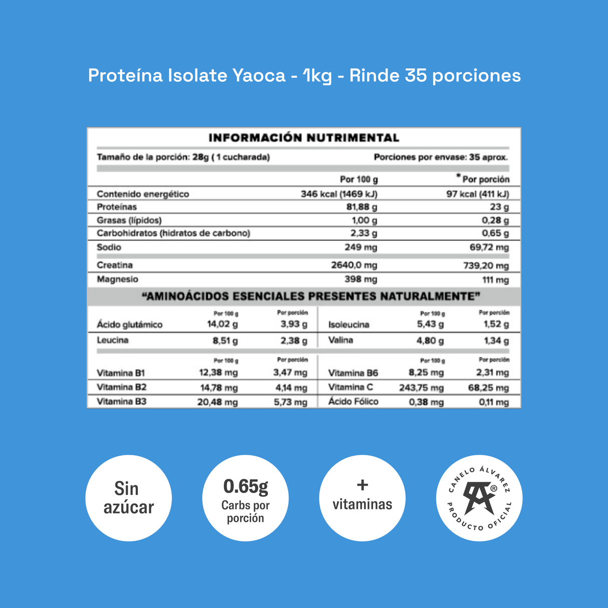 Proteína Isolate Chocolate 1kg - 23g de proteína pura, sin rellenos y sin azúcar