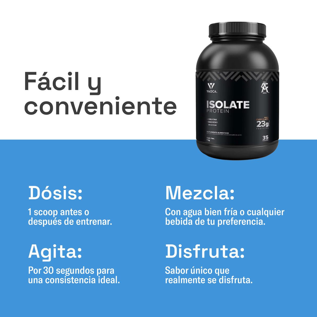 Proteína Isolate Chocolate 1kg - 23g de proteína pura, sin rellenos y sin azúcar