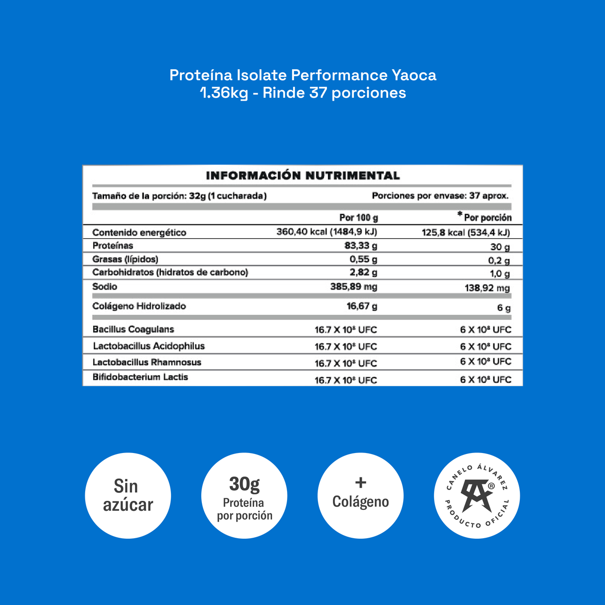 Proteína Isolate Performance - 30g de proteína adicionada con Colágeno y Probióticos