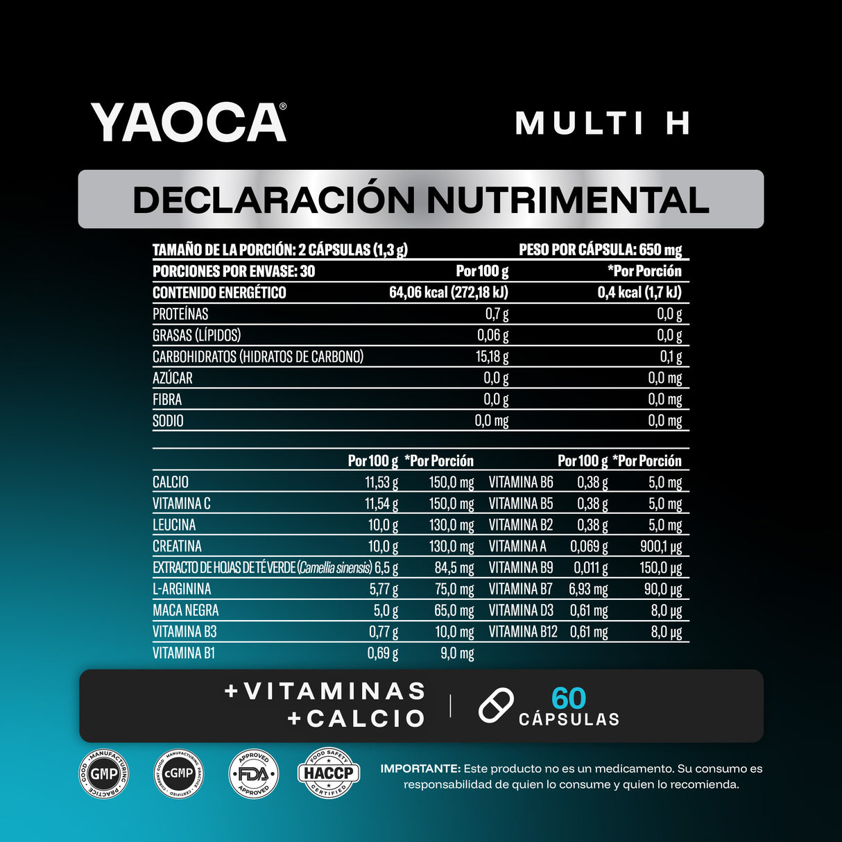 Multivitamínico Multi H 60 cáps, Fórmula hombre, Energía diaria y apoyo óseo con calcio y aminoácidos