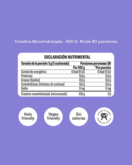 Creatina Monohidratada Micronizada Yaoca 400 g – 5 g por porción, rendimiento y potencia