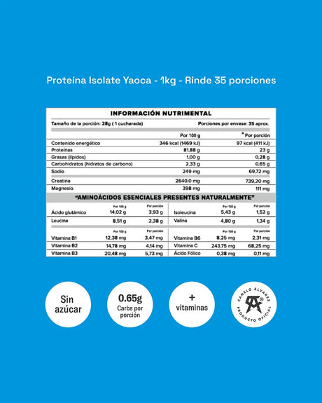 Proteína Isolate Chocolate 1kg - 23g de proteína pura, sin rellenos y sin azúcar