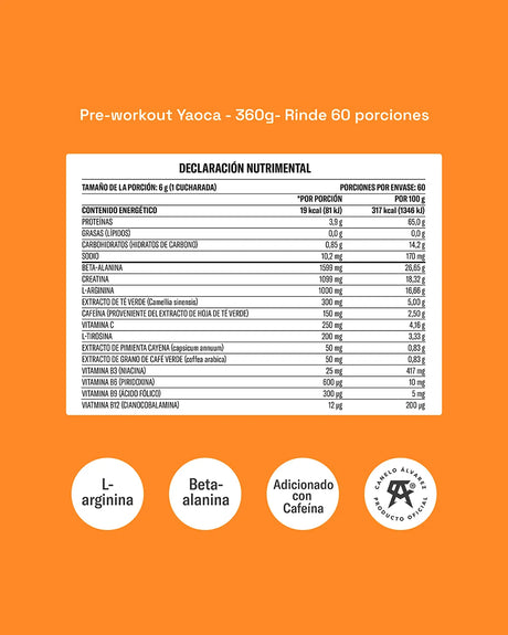 Pre-Workout Yaoca – Favorece tu Rendimiento con Beta-Alanina, Creatina y Vitaminas (60 porciones)