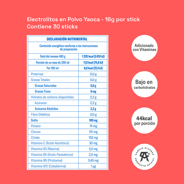 Electrolitos en Polvo Yaoca – Hidratación Instantánea con Vitaminas y Minerales (30 sobres)