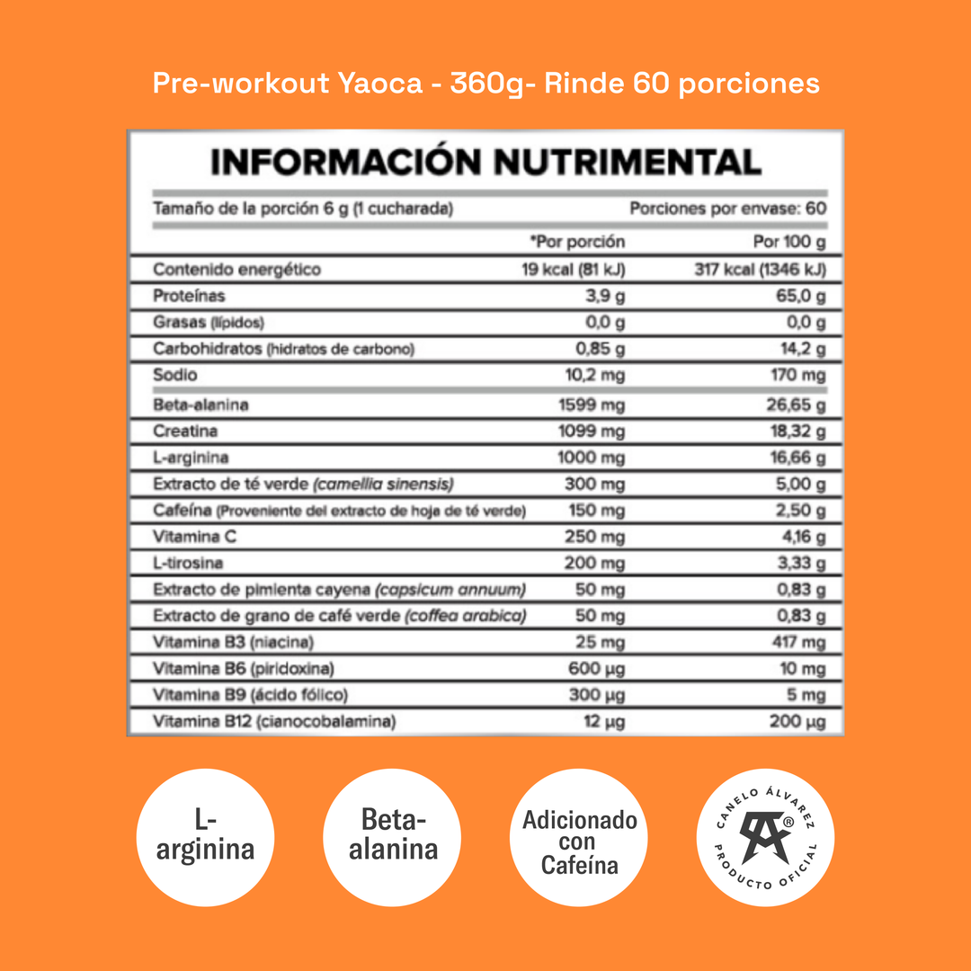 Pre-Workout Yaoca – Favorece tu Rendimiento con Beta-Alanina, Creatina y Vitaminas (60 porciones)