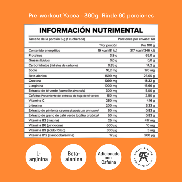 Pre-Workout Yaoca – Favorece tu Rendimiento con Beta-Alanina, Creatina y Vitaminas (60 porciones)