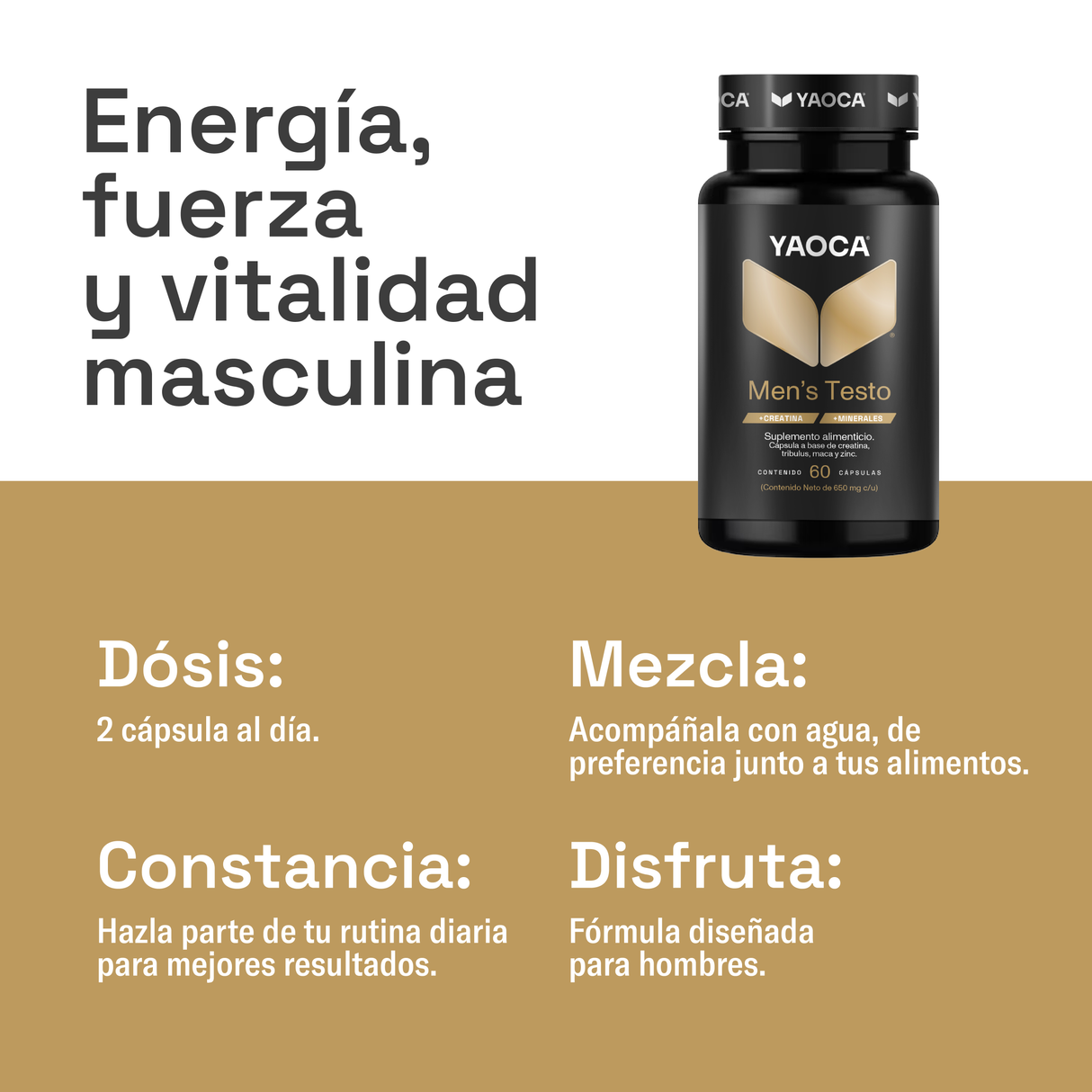 Men’s Testo Yaoca – Fuerza y energía, con creatina, tribulus y zinc (60 cápsulas)
