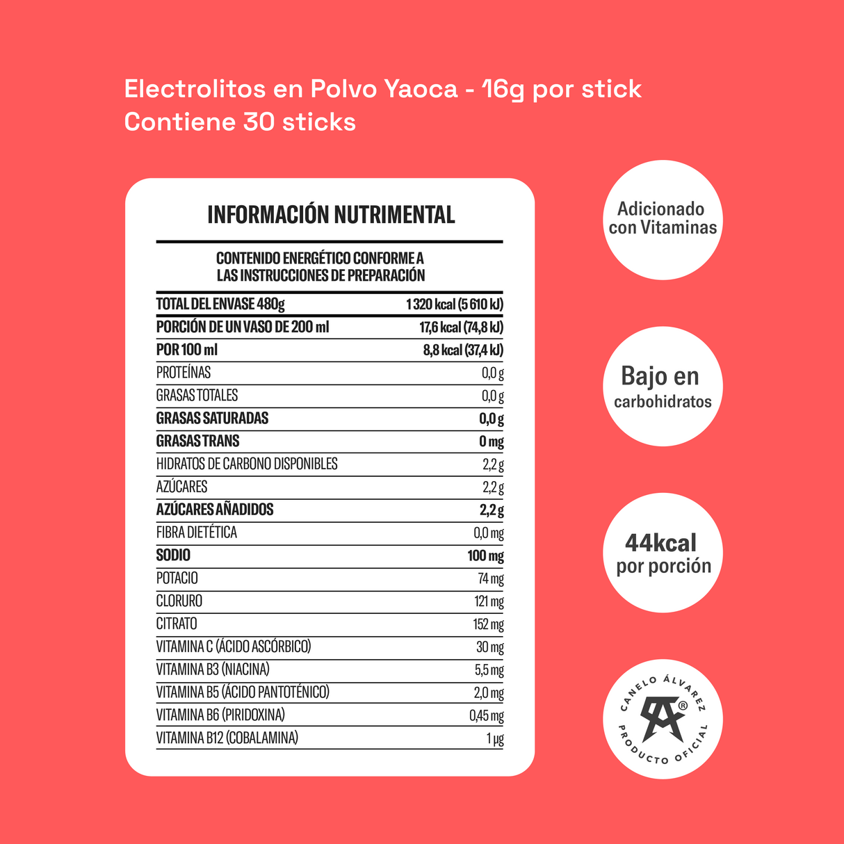 Electrolitos en Polvo Yaoca – Hidratación Instantánea con Vitaminas y Minerales (30 sobres)